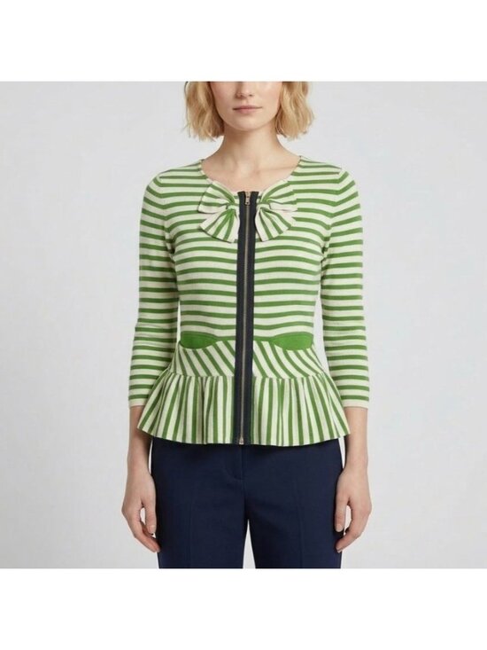 Moth Jackets & Blazers - Moth Size XS Green Beige Striped 3/4 Sleeve Jacket